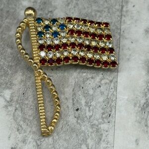 Vintage Rhinestone Rafaelian USA Flag Brooch Pin Red White Blue Jewelry